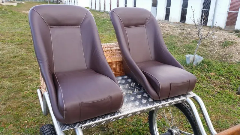 Schalensitze des Coche de Caballos Navarro mit braunem Leder bezogen, Rückansicht