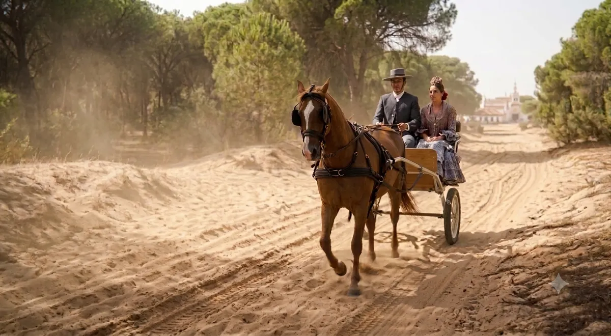 Pareja vestida de romeros en el Coche de Caballos Navarro, tirado por un caballo por un camino de arena entre pinares, de camino a El Rocío